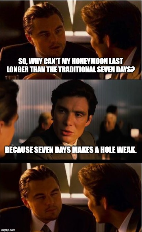 Things that make you go "hmmm" | SO, WHY CAN'T MY HONEYMOON LAST LONGER THAN THE TRADITIONAL SEVEN DAYS? BECAUSE SEVEN DAYS MAKES A HOLE WEAK. | image tagged in memes,inception,funny,funny memes | made w/ Imgflip meme maker