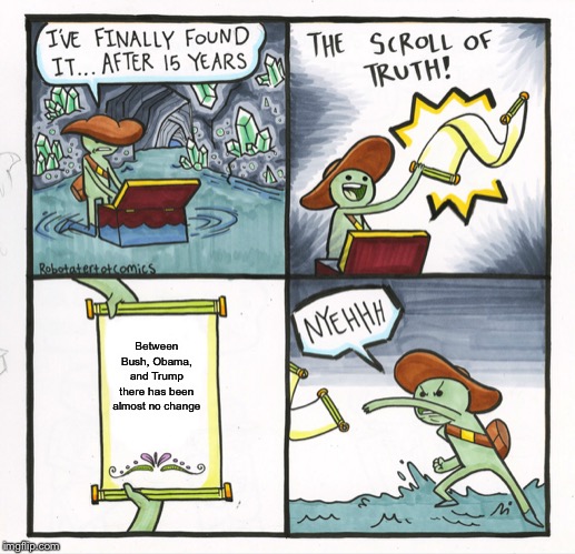 The Scroll Of Truth | Between Bush, Obama, and Trump there has been almost no change | image tagged in memes,the scroll of truth | made w/ Imgflip meme maker