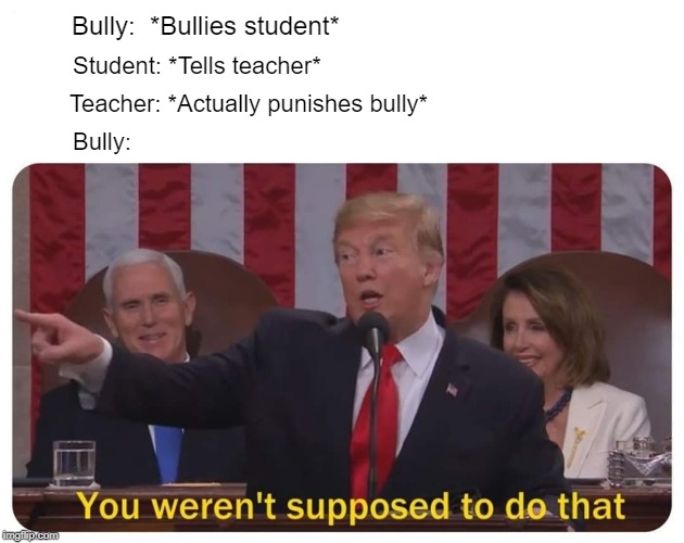 this never happens but whatever | Bully:  *Bullies student*; Student: *Tells teacher*; Teacher: *Actually punishes bully*; Bully: | image tagged in you weren't supposed to do that,bullying,students,school,teacher | made w/ Imgflip meme maker