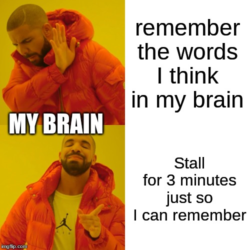 Drake Hotline Bling | remember the words I think in my brain; MY BRAIN; Stall for 3 minutes just so I can remember | image tagged in memes,drake hotline bling | made w/ Imgflip meme maker