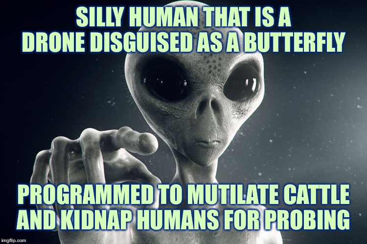 Alien Pointing | SILLY HUMAN THAT IS A DRONE DISGUISED AS A BUTTERFLY PROGRAMMED TO MUTILATE CATTLE AND KIDNAP HUMANS FOR PROBING | image tagged in alien pointing | made w/ Imgflip meme maker