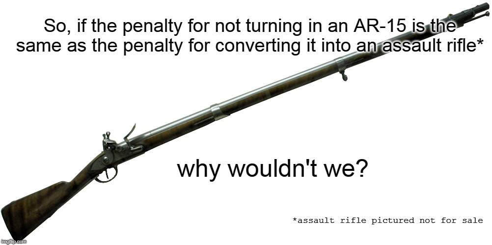 Assault Rifle | So, if the penalty for not turning in an AR-15 is the same as the penalty for converting it into an assault rifle*; why wouldn't we? *assault rifle pictured not for sale | image tagged in the original assault rifle,ar15,gun bans,gun rights | made w/ Imgflip meme maker