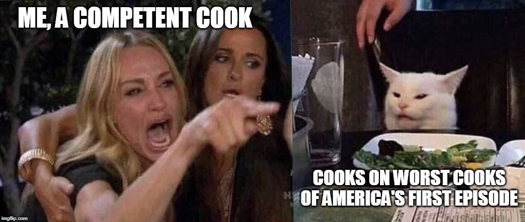 woman yelling at cat | ME, A COMPETENT COOK; COOKS ON WORST COOKS OF AMERICA'S FIRST EPISODE | image tagged in woman yelling at cat | made w/ Imgflip meme maker