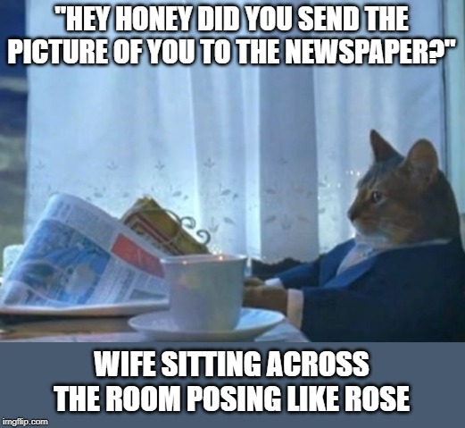 rose | "HEY HONEY DID YOU SEND THE PICTURE OF YOU TO THE NEWSPAPER?"; WIFE SITTING ACROSS THE ROOM POSING LIKE ROSE | image tagged in memes,i should buy a boat cat,titanic,funny cats,dumb | made w/ Imgflip meme maker