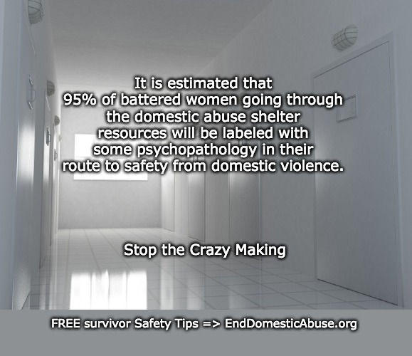 Domestic Abuse Crazy Making | It is estimated that 95% of battered women going through the domestic abuse shelter resources will be labeled with some psychopathology in their route to safety from domestic violence. Stop the Crazy Making; FREE survivor Safety Tips => EndDomesticAbuse.org | image tagged in domestic abuse,domestic violence,crazy,divorce,custody | made w/ Imgflip meme maker
