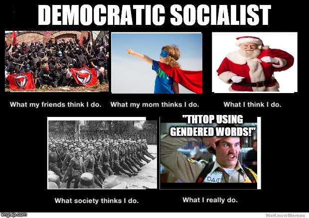 Quote from the "Democratic" Socialist Convention | DEMOCRATIC SOCIALIST; "THTOP USING GENDERED WORDS!" | image tagged in what i really do,democratic,socialists,losers,mental illness | made w/ Imgflip meme maker