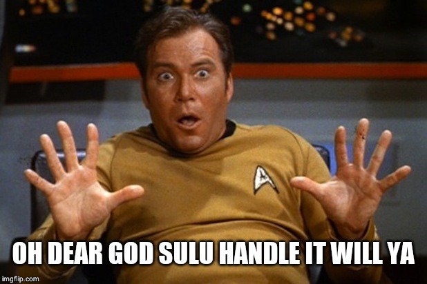 kirk surprised | OH DEAR GOD SULU HANDLE IT WILL YA | image tagged in kirk surprised | made w/ Imgflip meme maker