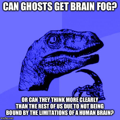 Philosoraptor Blue Craziness | CAN GHOSTS GET BRAIN FOG? OR CAN THEY THINK MORE CLEARLY THAN THE REST OF US DUE TO NOT BEING BOUND BY THE LIMITATIONS OF A HUMAN BRAIN? | image tagged in philosoraptor blue craziness | made w/ Imgflip meme maker