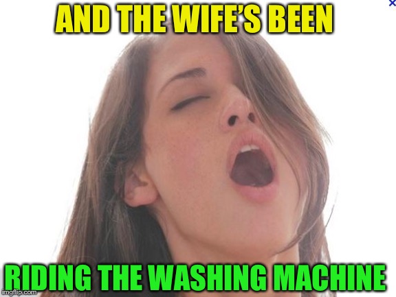 orgasm | AND THE WIFE’S BEEN RIDING THE WASHING MACHINE | image tagged in orgasm | made w/ Imgflip meme maker