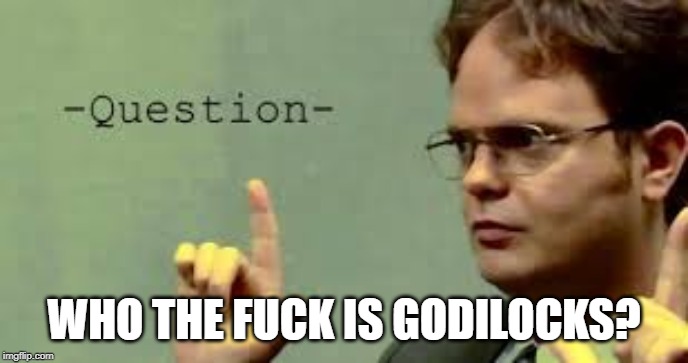 question asker | WHO THE F**K IS GODILOCKS? | image tagged in question asker | made w/ Imgflip meme maker