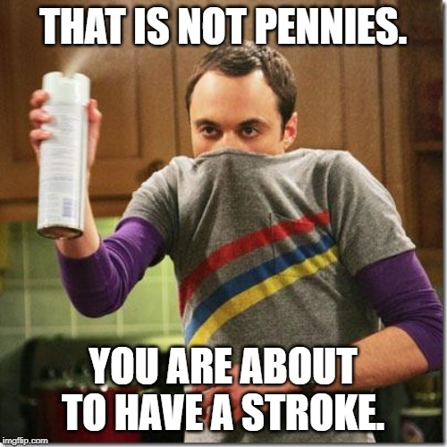 air freshener sheldon cooper | THAT IS NOT PENNIES. YOU ARE ABOUT TO HAVE A STROKE. | image tagged in air freshener sheldon cooper | made w/ Imgflip meme maker