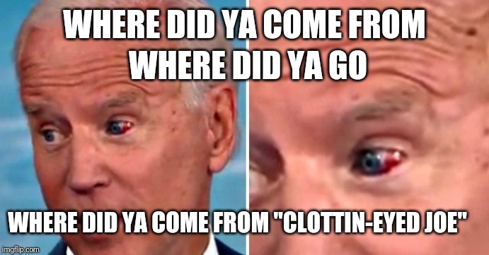 Sing along with me.. | WHERE DID YA COME FROM; WHERE DID YA GO; WHERE DID YA COME FROM "CLOTTIN-EYED JOE" | image tagged in joe biden,clottin-eyed joe,politics,political meme,funny | made w/ Imgflip meme maker