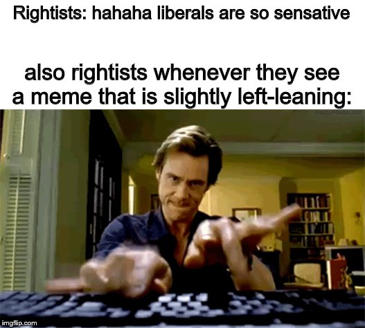 and now you rightists cant comment anything because you would just prove my point hahahaha. | Rightists: hahaha liberals are so sensative; also rightists whenever they see a meme that is slightly left-leaning: | image tagged in memes,politics,funny | made w/ Imgflip meme maker
