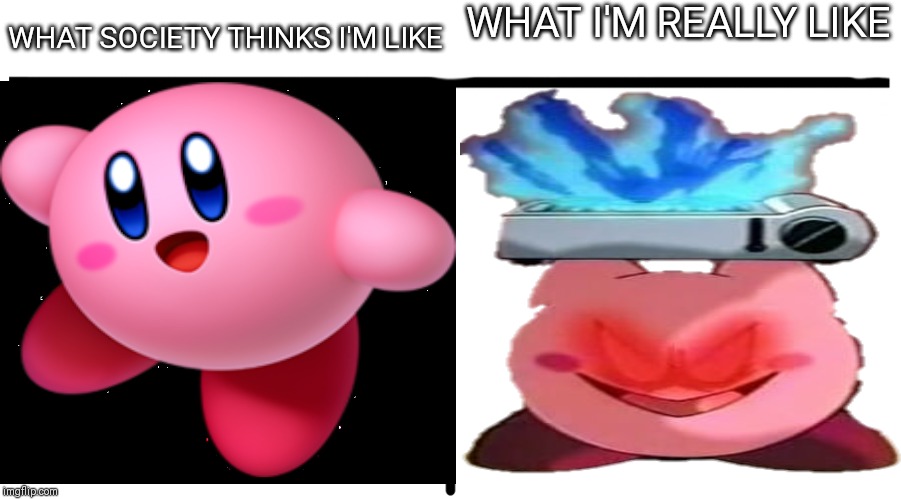 Kirb personality | WHAT I'M REALLY LIKE; WHAT SOCIETY THINKS I'M LIKE | image tagged in kirby | made w/ Imgflip meme maker