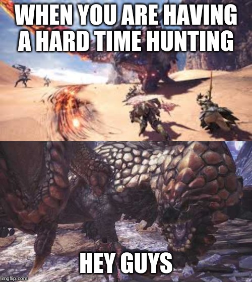 the one you don't whant | WHEN YOU ARE HAVING A HARD TIME HUNTING; HEY GUYS | image tagged in video games,monster hunter | made w/ Imgflip meme maker