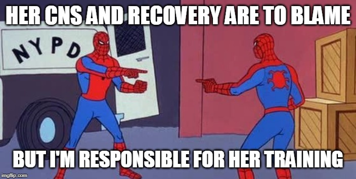Spider Man Double | HER CNS AND RECOVERY ARE TO BLAME; BUT I'M RESPONSIBLE FOR HER TRAINING | image tagged in spider man double | made w/ Imgflip meme maker