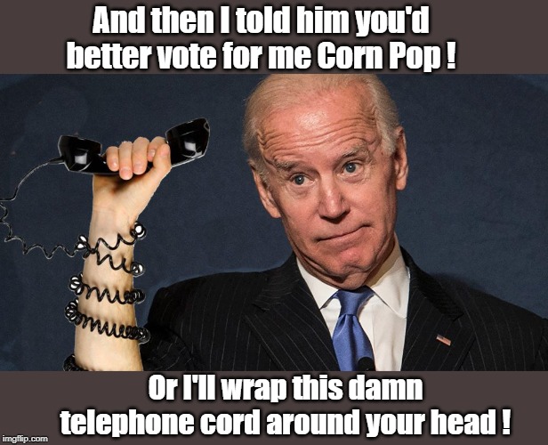 Corn Pop Saga | And then I told him you'd better vote for me Corn Pop ! Or I'll wrap this damn telephone cord around your head ! | image tagged in joe biden,corn pop | made w/ Imgflip meme maker