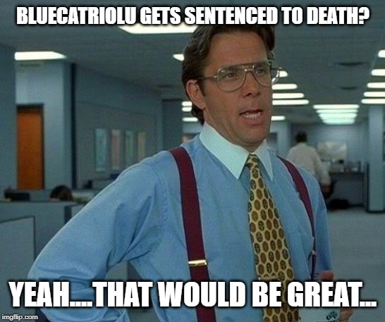 That Would Be Great Meme | BLUECATRIOLU GETS SENTENCED TO DEATH? YEAH....THAT WOULD BE GREAT... | image tagged in memes,that would be great | made w/ Imgflip meme maker