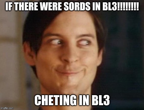 Spiderman Peter Parker Meme | IF THERE WERE SORDS IN BL3!!!!!!!! CHETING IN BL3 | image tagged in memes,spiderman peter parker | made w/ Imgflip meme maker