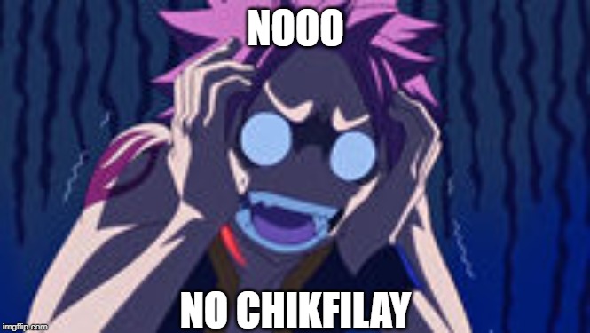 no chicken | NOOO; NO CHIKFILAY | image tagged in anime meme | made w/ Imgflip meme maker