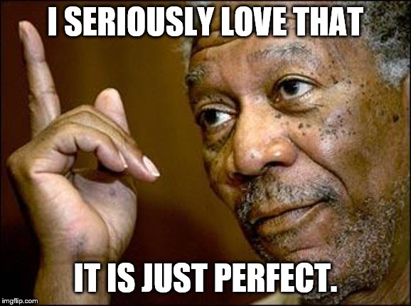 This Morgan Freeman | I SERIOUSLY LOVE THAT IT IS JUST PERFECT. | image tagged in this morgan freeman | made w/ Imgflip meme maker