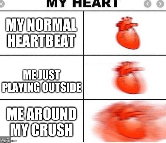 hehe | MY NORMAL HEARTBEAT; ME JUST PLAYING OUTSIDE; ME AROUND MY CRUSH | image tagged in memes | made w/ Imgflip meme maker
