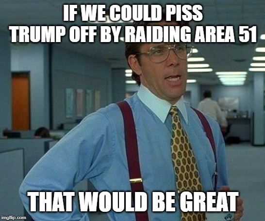 That Would Be Great Meme | IF WE COULD PISS TRUMP OFF BY RAIDING AREA 51; THAT WOULD BE GREAT | image tagged in memes,that would be great | made w/ Imgflip meme maker