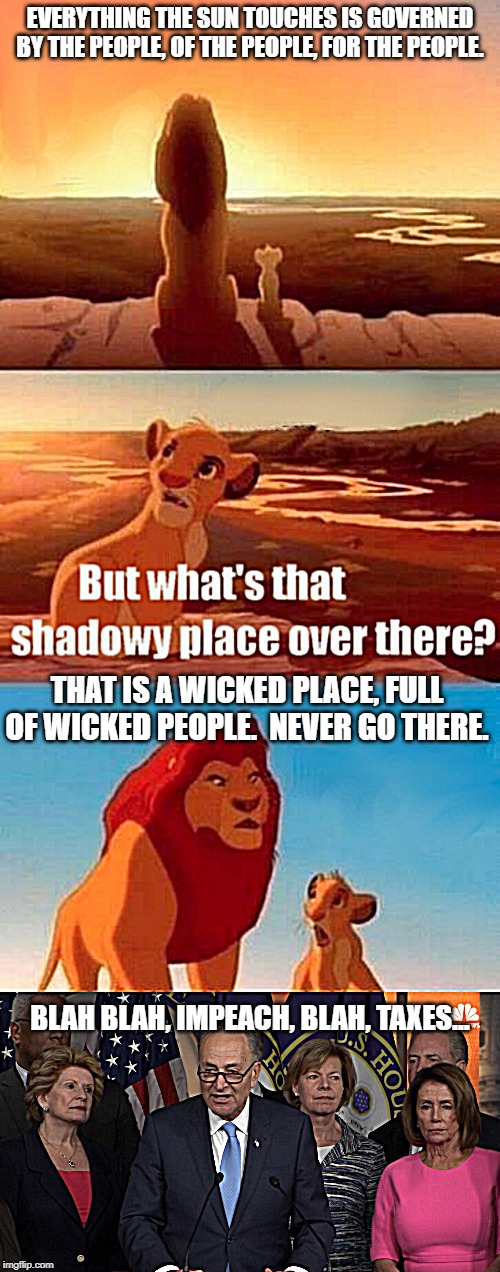 EVERYTHING THE SUN TOUCHES IS GOVERNED BY THE PEOPLE, OF THE PEOPLE, FOR THE PEOPLE. THAT IS A WICKED PLACE, FULL OF WICKED PEOPLE.  NEVER GO THERE. BLAH BLAH, IMPEACH, BLAH, TAXES... | image tagged in memes,simba shadowy place,democrat congressmen | made w/ Imgflip meme maker