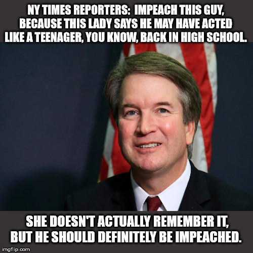 As Joe might say: the details are irrelevant | NY TIMES REPORTERS:  IMPEACH THIS GUY, BECAUSE THIS LADY SAYS HE MAY HAVE ACTED LIKE A TEENAGER, YOU KNOW, BACK IN HIGH SCHOOL. SHE DOESN'T ACTUALLY REMEMBER IT, BUT HE SHOULD DEFINITELY BE IMPEACHED. | image tagged in brett kavanaugh,liberal media,liberal logic,fake news,maga | made w/ Imgflip meme maker