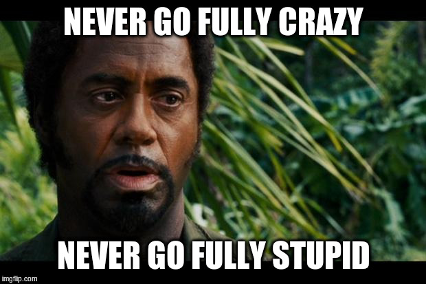 Robert Downey Jr. Tropic Thunder Meme | NEVER GO FULLY CRAZY NEVER GO FULLY STUPID | image tagged in robert downey jr tropic thunder meme | made w/ Imgflip meme maker