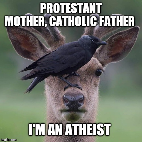 PROTESTANT MOTHER, CATHOLIC FATHER I'M AN ATHEIST | made w/ Imgflip meme maker