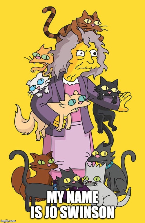 crazy cat lady | MY NAME IS JO SWINSON | image tagged in crazy cat lady | made w/ Imgflip meme maker