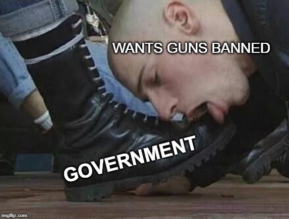Boot licker | WANTS GUNS BANNED; GOVERNMENT | image tagged in gun control | made w/ Imgflip meme maker