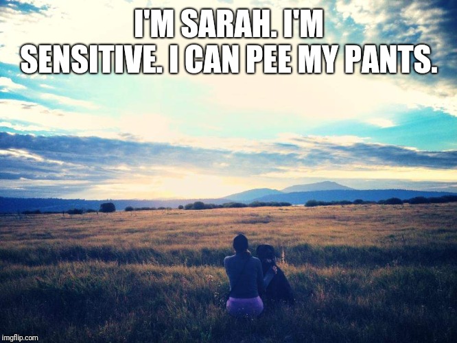 Sensitive Sarah | I'M SARAH. I'M SENSITIVE. I CAN PEE MY PANTS. | image tagged in overly sensitive,friends,pee | made w/ Imgflip meme maker