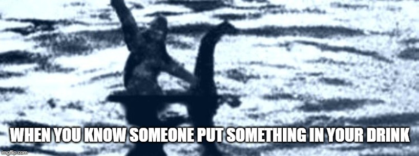 When you know | WHEN YOU KNOW SOMEONE PUT SOMETHING IN YOUR DRINK | image tagged in loch ness monster,bigfoot | made w/ Imgflip meme maker