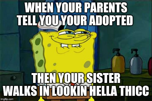 Don't You Squidward | WHEN YOUR PARENTS TELL YOU YOUR ADOPTED; THEN YOUR SISTER WALKS IN LOOKIN HELLA THICC | image tagged in memes,dont you squidward | made w/ Imgflip meme maker