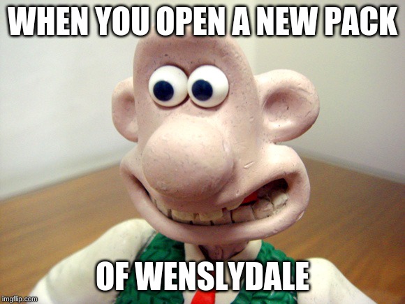 WHEN YOU OPEN A NEW PACK; OF WENSLYDALE | image tagged in wallace and gromit | made w/ Imgflip meme maker