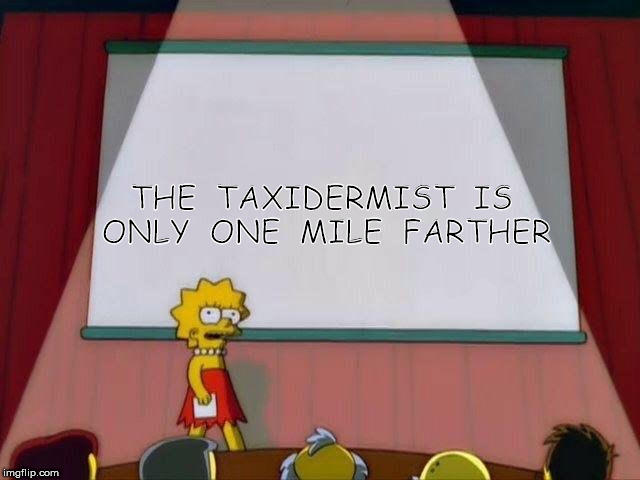 Lisa Simpson's Presentation | THE  TAXIDERMIST  IS  ONLY  ONE  MILE  FARTHER | image tagged in lisa simpson's presentation | made w/ Imgflip meme maker