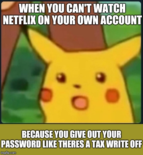 Surprised Pikachu | WHEN YOU CAN'T WATCH NETFLIX ON YOUR OWN ACCOUNT; BECAUSE YOU GIVE OUT YOUR PASSWORD LIKE THERES A TAX WRITE OFF | image tagged in surprised pikachu | made w/ Imgflip meme maker