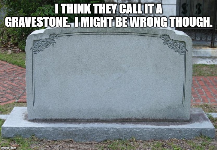 Gravestone | I THINK THEY CALL IT A GRAVESTONE.  I MIGHT BE WRONG THOUGH. | image tagged in gravestone | made w/ Imgflip meme maker