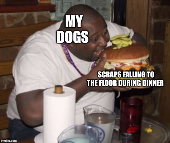 Fat guy eating burger | MY DOGS; SCRAPS FALLING TO THE FLOOR DURING DINNER | image tagged in fat guy eating burger | made w/ Imgflip meme maker