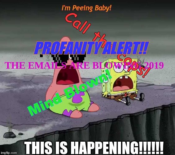 surprised SpongeBob and Patrick | Call the cops! THIS IS HAPPENING!!!!!! PROFANITY ALERT!! Mind Blown! I'm Peeing Baby! THE EMAILS ARE BLOWING 2019 | image tagged in surprised spongebob and patrick | made w/ Imgflip meme maker