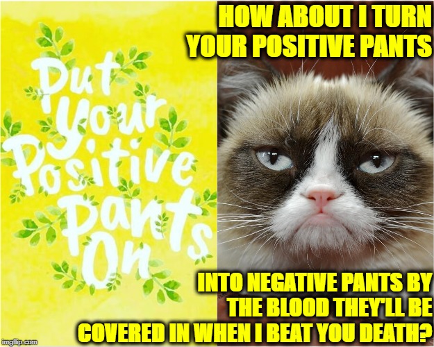 GRUMPY POSITIVE | HOW ABOUT I TURN YOUR POSITIVE PANTS; INTO NEGATIVE PANTS BY THE BLOOD THEY'LL BE COVERED IN WHEN I BEAT YOU DEATH? | image tagged in grumpy positive | made w/ Imgflip meme maker