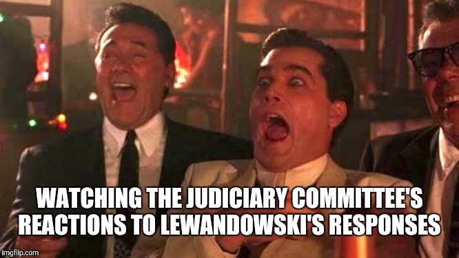 GOODFELLAS LAUGHING SCENE, HENRY HILL | WATCHING THE JUDICIARY COMMITTEE'S REACTIONS TO LEWANDOWSKI'S RESPONSES | image tagged in goodfellas laughing scene henry hill | made w/ Imgflip meme maker