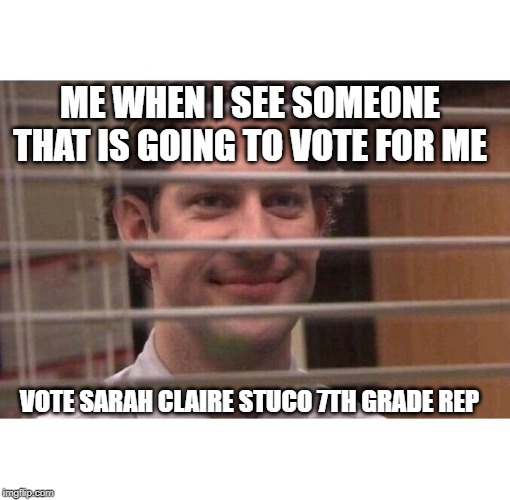 Jim Office Blinds | ME WHEN I SEE SOMEONE THAT IS GOING TO VOTE FOR ME; VOTE SARAH CLAIRE STUCO 7TH GRADE REP | image tagged in jim office blinds | made w/ Imgflip meme maker