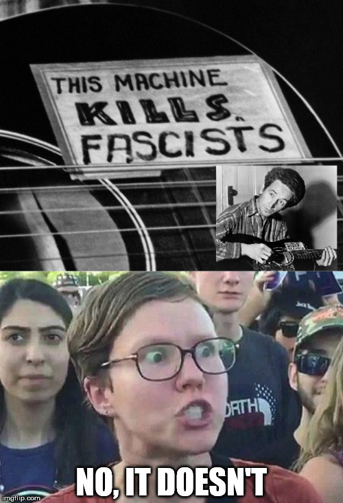 NO, IT DOESN'T | image tagged in triggered liberal,woody guthrie,this machine kills fascists,guitar | made w/ Imgflip meme maker