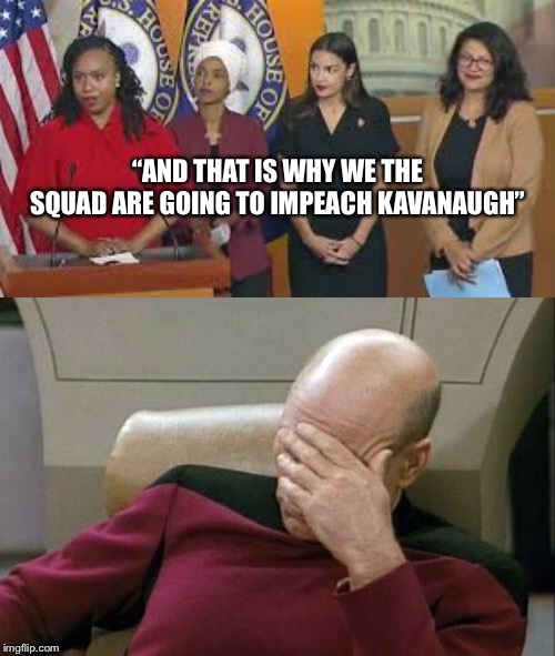 Time to make passing a civics course a requirement to run for public office...and to vote. | “AND THAT IS WHY WE THE SQUAD ARE GOING TO IMPEACH KAVANAUGH” | image tagged in memes,captain picard facepalm,the squad jihad | made w/ Imgflip meme maker