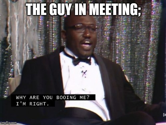 Why are you booing me? I'm right. | THE GUY IN MEETING; | image tagged in why are you booing me i'm right | made w/ Imgflip meme maker