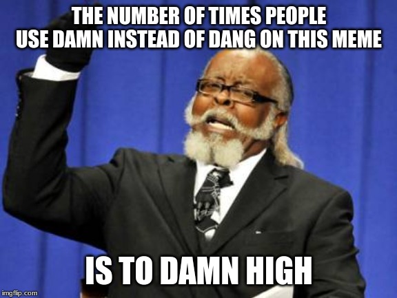 To Dang High | THE NUMBER OF TIMES PEOPLE USE DAMN INSTEAD OF DANG ON THIS MEME; IS TO DAMN HIGH | image tagged in memes,too damn high | made w/ Imgflip meme maker