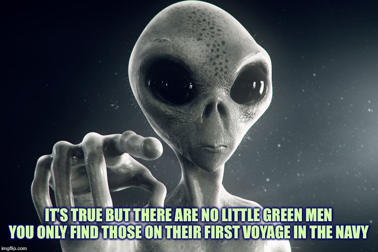 Alien Pointing | IT’S TRUE BUT THERE ARE NO LITTLE GREEN MEN YOU ONLY FIND THOSE ON THEIR FIRST VOYAGE IN THE NAVY | image tagged in alien pointing | made w/ Imgflip meme maker